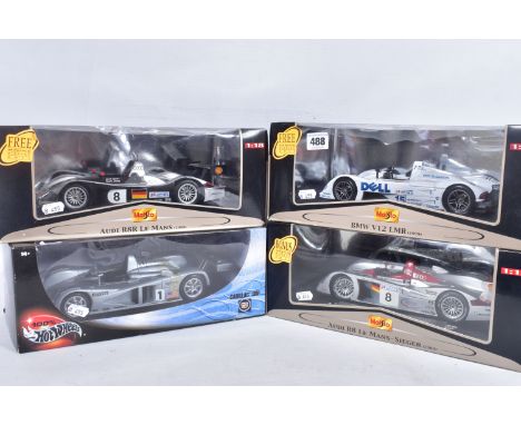 THREE BOXED MAISTO 1:18 SCALE GT RACING CARS, Audi R8R Le Mans (1999), No.38881, B.M.W. V12 LMR (1999), No.38882, Audi R8 Le 