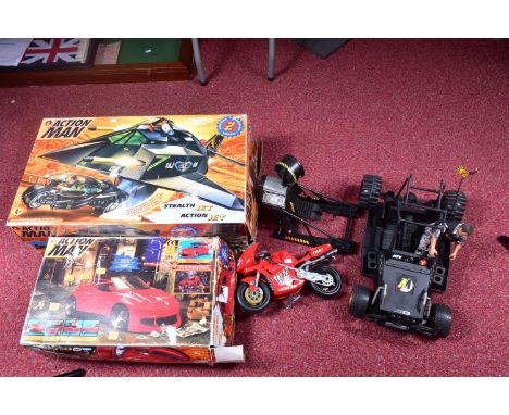 A QUANTITY OF BOXED AND UNBOXED ACTION MAN VEHICLES AND AIRCRAFTS, to include a boxed Streetracer in red, a camouflage bag, b