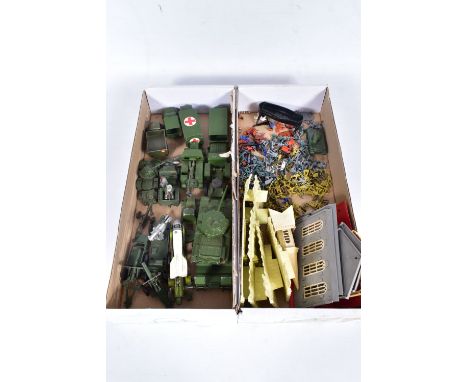 A QUANTITY OF UNBOXED AND ASSORTED PLAYWORN DIECAST MILITARY VEHICLES, to include Dinky Supertoys Thornycroft Mighty Antar Ta
