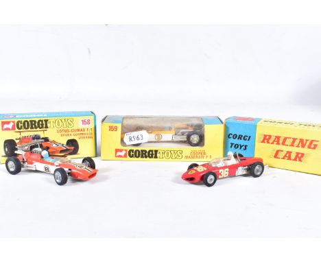 THREE BOXED CORGI TOYS FORMULA 1 CARS, all cars complete and in very good condition with minor paint loss, marking and wear e