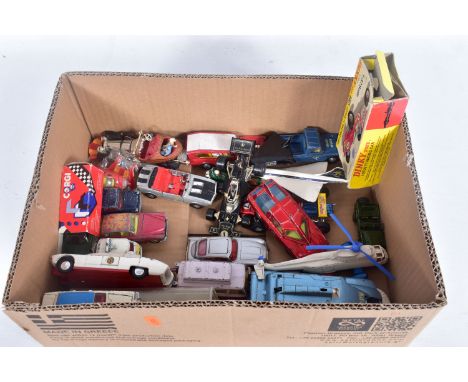 A COLLECTION OF PLAYWORN VINTAGE CORGI AND DINKY TOY VEHICLE AND AIRCRAFTS, to include three Captain Scarlet vehicles Maximum