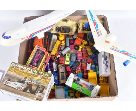 A BOX OF UNBOXED AND PLAYWORN MATCHBOX VEHICLES AND OTHER NAMED TOYS, to include two Mobile Canteen no. 74, Baja Buggy no. 13