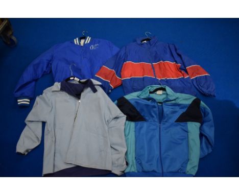 Four retro sports jackets, including one with advertising for Barnum duck pin lanes and lounge, Stratford jacket.