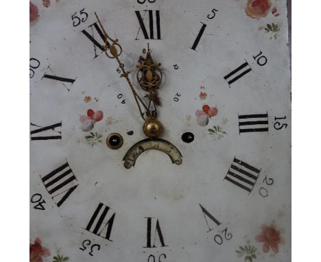 A late 18th century oak longcase clock, twin train movement, striking bell, 13" square painted dial with Roman numerals, Arab