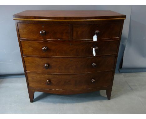 A 19th century bowfronted chest of two short over three long drawers, H.102 W.100 D.50cm 