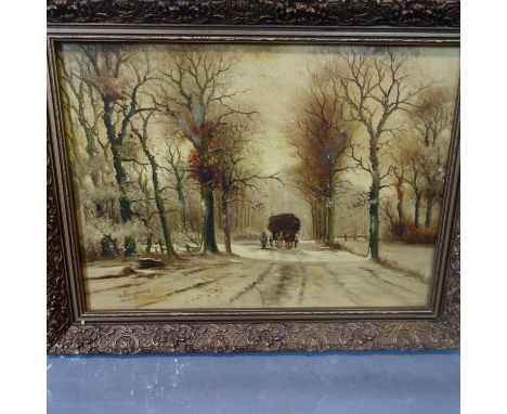 After Louis Apol, Horse and cart on a forest path, signed Bergmans to lower left, oleograph, 29 x 39cm 
