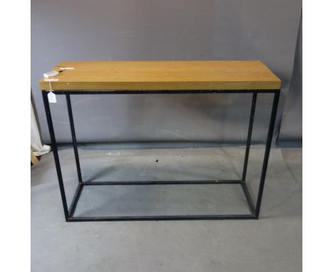 A rectangular metal and oak console table, H.90 W.119 D.39cm 