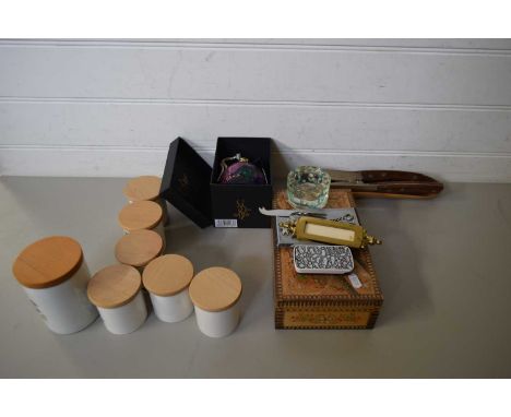 MIXED LOT VARIOUS PORTMEIRION STORAGE JARS, A FRAGRANCE LAMP, VARIOUS KNIVES ETC