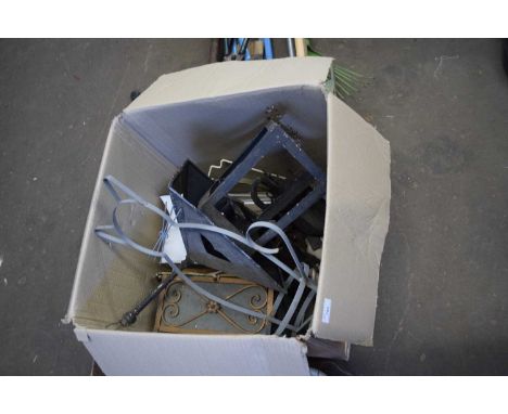 BOX OF MIXED LANTERNS, ENAMEL JUG ETC