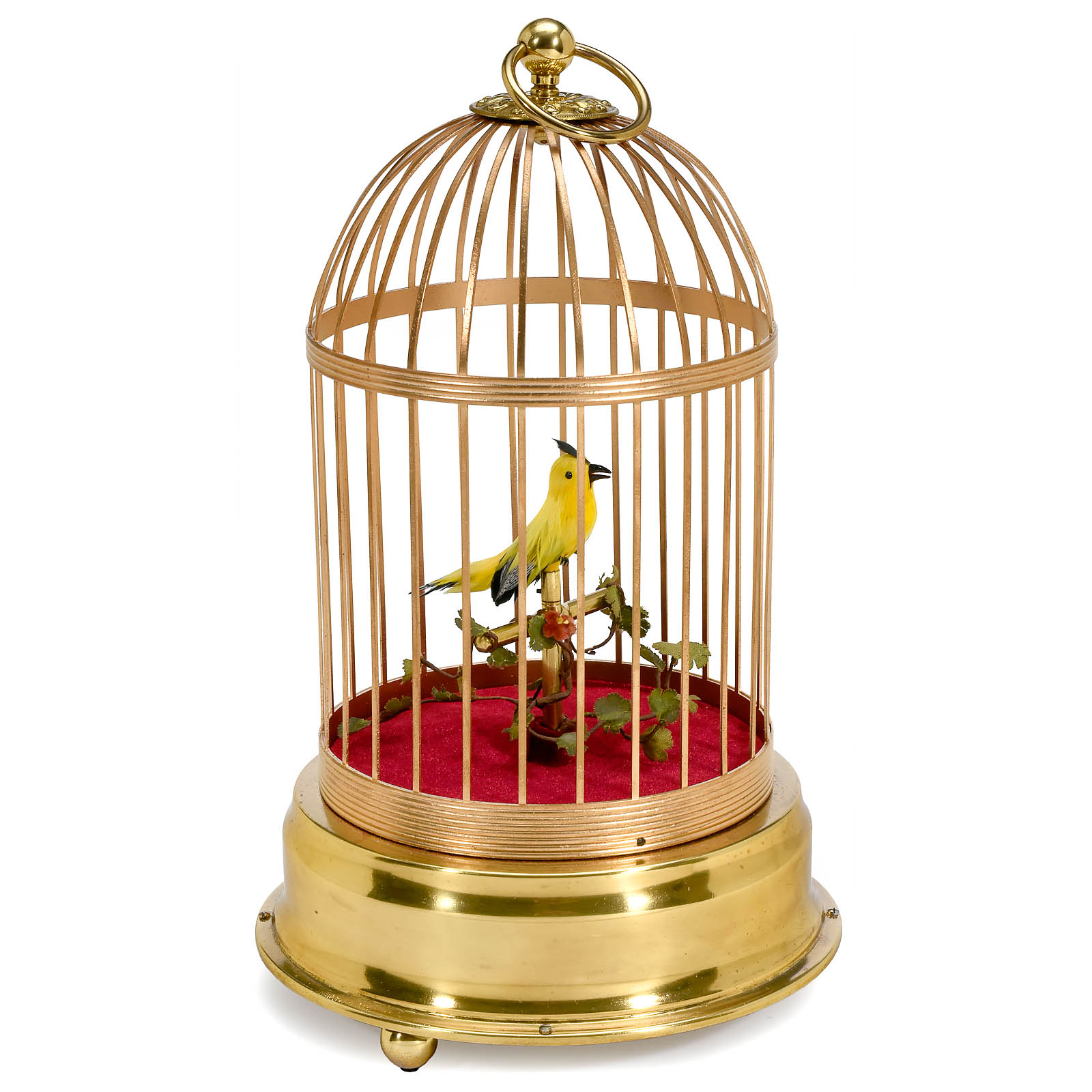 German Singing Bird Cage Automaton C 1970s Probably By Donau Metall Bird With Yellow Plumage