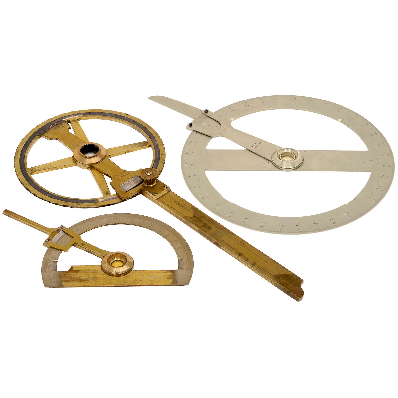 3 ArmProtractors 1) Full circle protractor by "P. Noury, Paris", brass