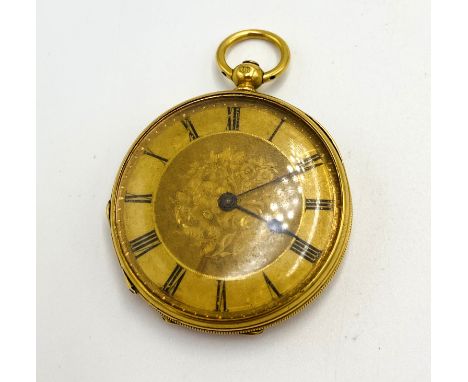 Open face pocket watch with engine turned dial, in 18ct gold case, 42g. Estimate: £350-400
