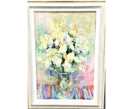Framed oil on board, still life of Irises by Bernadine Jacot 1994, 75 x 50cm. Estimate: £30-50
