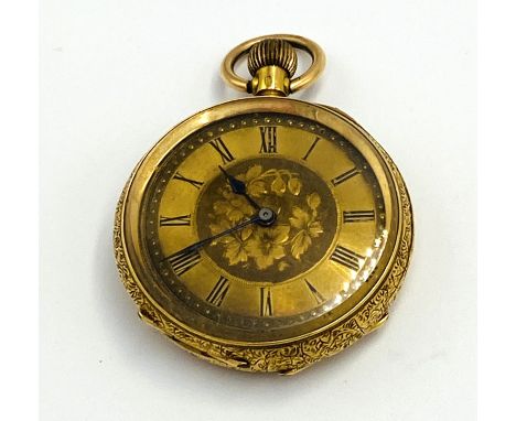 Ladies pocket watch with engine turned chapter ring and foliate engraved 18ct gold case, 31g. Estimate: £250-300