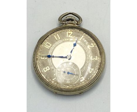 An American Hamilton pocket watch with subsidiary second hand dial, back marked 14ct, in going order, 62g. Estimate; £400-500