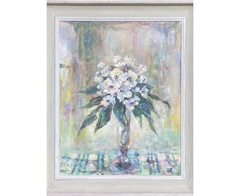 Framed oil on board, still life of flowers, by Bernadine Jacot 1989, 51 x 40cm. Estimate: £30-50