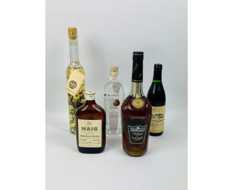 70cl bottle of Martell Napoleon brandy; 13 1/3 fl.ozs Haig blended Scotch whisky 70cl Kirsch-Wasser; 50cl Rock's Damson gin; 