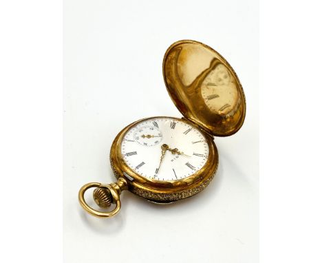 Elgin ladies pocket watch, with enamel face and subsidiary second hand dial, in 14ct gold engraved case, 33g. Estimate: £200-
