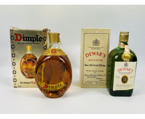 75cl Dimple 12 years de luxe Scotch whisky in box; 26 2/3 fl.ozs Dewar's Rare Old Scotch Whisky Ancestor, in box. Estimate: £