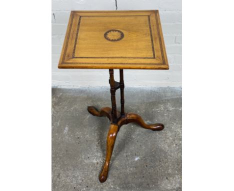 A square topped marquetry inlaid antique occasional table with a cluster central column and raised upon shaped tripod legs, 3