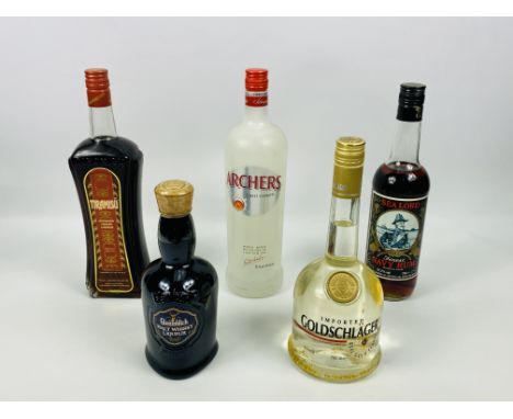 1l Archers finest schnapps, 75cl Tiramisu Italian liqueur, 70cl Sea Lord finest Navy Rum, 50cl Glenfiddich malt whisky liqueu