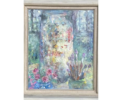 Framed oil on board, still life of artists pots, by Bernadine Jacot 1996, 60 x 50cm. Estimate: £40-60