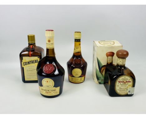 1l bottle Cointreau; 70cl bottle Benedictine liqueur; 50cl bottle Dom Benedictine and Brandy; 75cl Don Julio tequila. Estimat