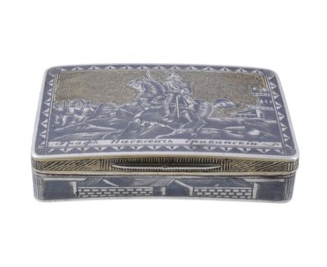 A Russian silver parcel gilt and niello rectangular snuff box, maker's mark OB   A Russian silver parcel gilt and niello rect