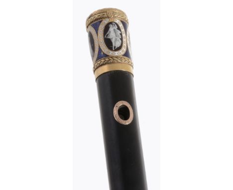 A 19th century gold and enamel mounted ebony walking stick, worn maker's? mark   A 19th century gold and enamel mounted ebony