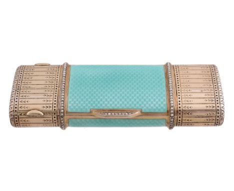 A German silver gilt and light blue enamel rectangular necessaire, maker   A German silver gilt and light blue enamel rectang