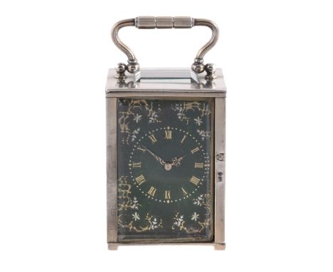 A Continental silver and enamel carriage clock, sponsor's mark for John Manger   A Continental silver and enamel carriage clo