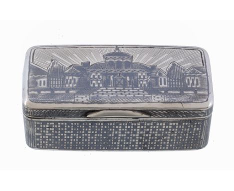 A Russian silver and niello rectangular snuff box, maker's mark indistinct   A Russian silver and niello rectangular snuff bo