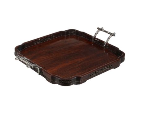 A Chinese hardwood shaped square tray with silver handles by Wing On  &  Co   A Chinese hardwood shaped square tray with silv