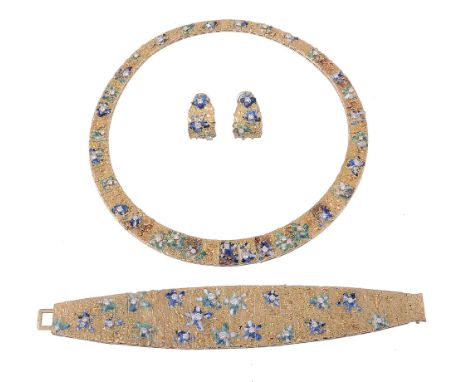 A 1960s 18 carat gold, enamel and diamond suite of jewellery   A 1960s 18 carat gold, enamel and diamond suite of jewellery, 