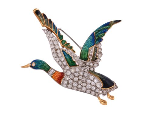 A diamond and enamel duck brooch, designed as a mallard in flight   A diamond and enamel duck brooch,   designed as a mallard