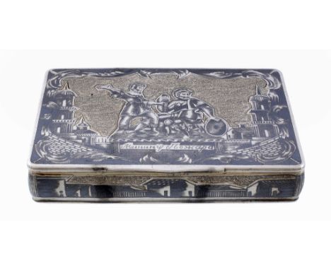 A Russian silver parcel gilt and niello rectangular snuff box, maker's mark OB   A Russian silver parcel gilt and niello rect