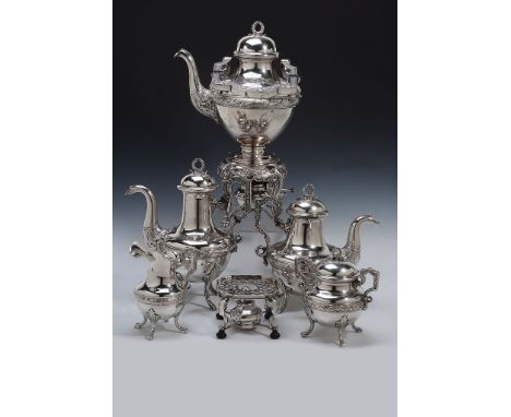 A German silver five piece baluster tea service, Hanau type pseudo marks   A German silver five piece baluster tea service,  