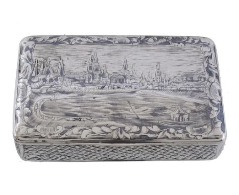 A Russian silver and niello rectangular snuff box, maker's mark OB   A Russian silver and niello rectangular snuff box,   mak
