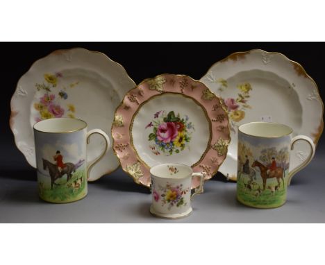 Royal Crown Derby - a pair of John Peel hunting scene mugs; a floral cabinet plate, 26cm; another similar; a Vine pink plate,