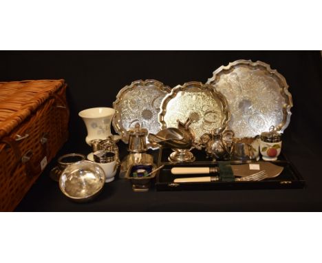 Silverplate - an EPNS salver; others smaller; sugar scuttle, lighter, etc