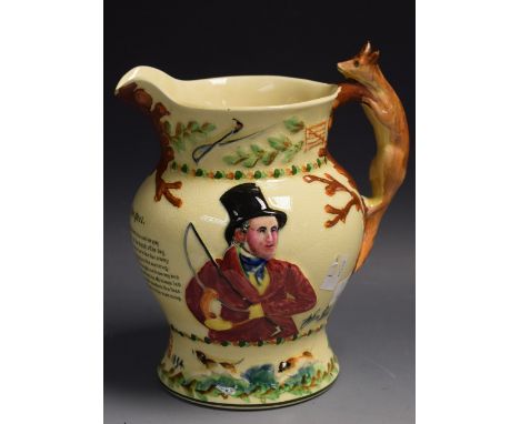 A John Peel musical jug, relief moulded with hunting scenes, fox handle, John Peel printed verse 