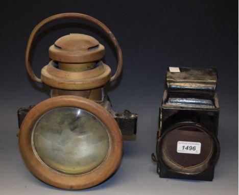 A vintage J & R Oldfield Dependance 441 black painted and brass lantern, probably from a steam or traction engine, faint labe