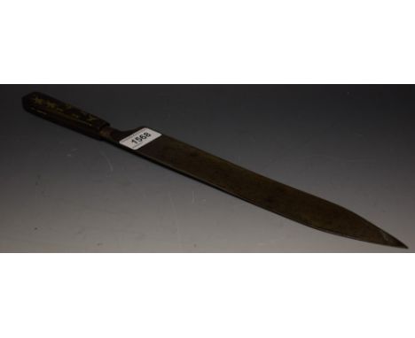 A 19th century hunting knife, inlaid handle, horseman and hounds chasing deer