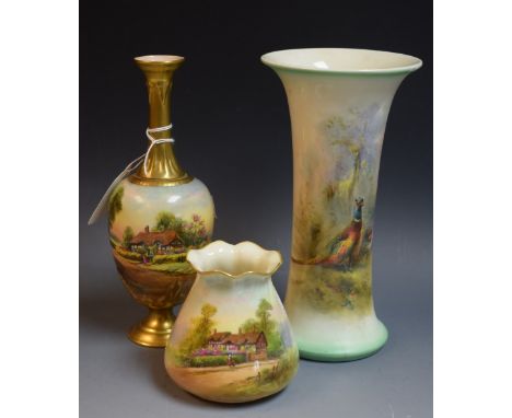 A Royal Worcester flared cylindrical vase, painted by Jas Stinton, signed, with pheasants in w woodland glade, green borders,