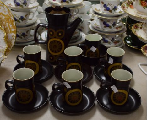 A Denby Arabesque pattern coffee set comprising six cups and saucers, coffee pot, mikl jug, bowl 