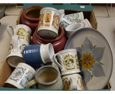 A Denby Danesby pastel catkin pitcher; Denby regional mugs including Eats Midlands, Heart of England, Yorkshire, etc; others,