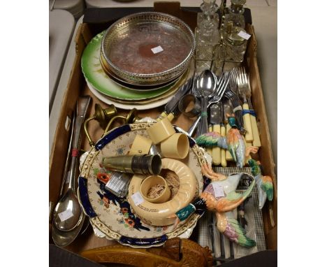 Ceramics - a Guinness ashtray; three wall plaque mallard ducks; plates; carved wooden nut cracker; EPNS and chrome fltware et