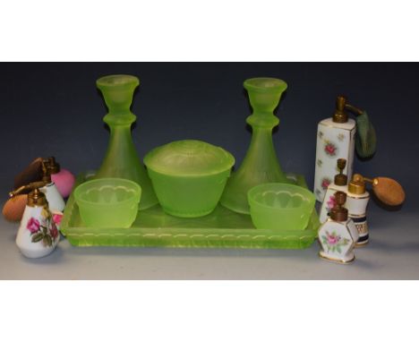 An Art Deco frosted green glass dressing table set; a scent atomiser; others, transfer printed; quantity