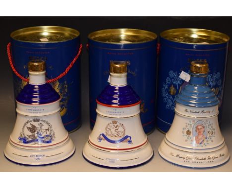 Bells Scotch commemorative Whisky decanters - birth of Princess Beatrice; birth of Princess Eugenie; the Queen Mother's 90th 