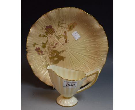 A Royal Worcester blush plate, 1889, impressed and gilded decoration; a Worcester helmet jug, ornate pearl drop handle (2)